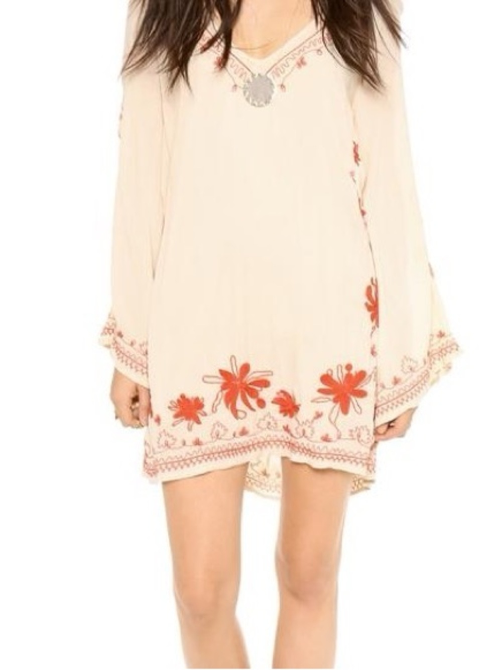 Free People Cream Boho V-Neck Embroidered Tunic with Red Floral Accents